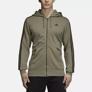 Adidas Men's Essentials Hoodie 3 Stripe Sleeve Full Zip Trace Cargo Olive Black